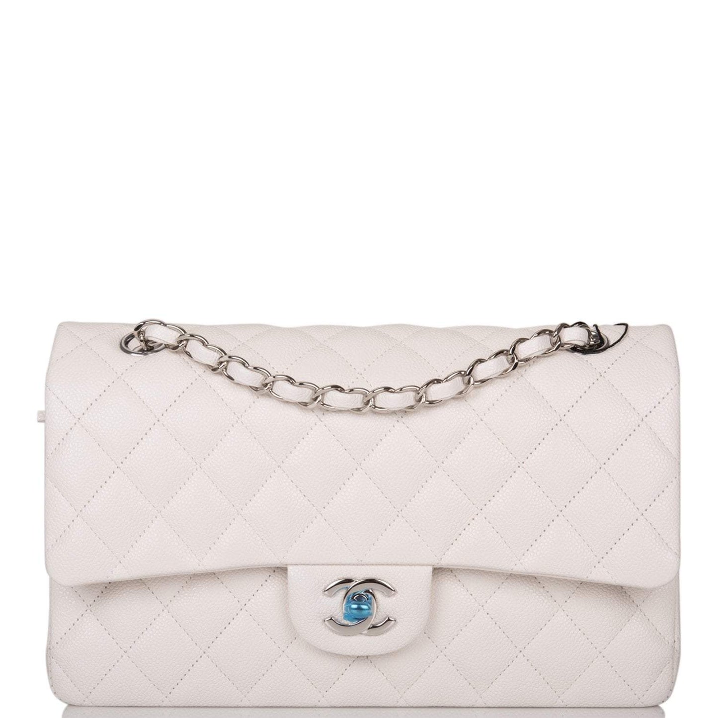 Chanel White Quilted Caviar Medium Classic Double Flap Bag Silver Hardware