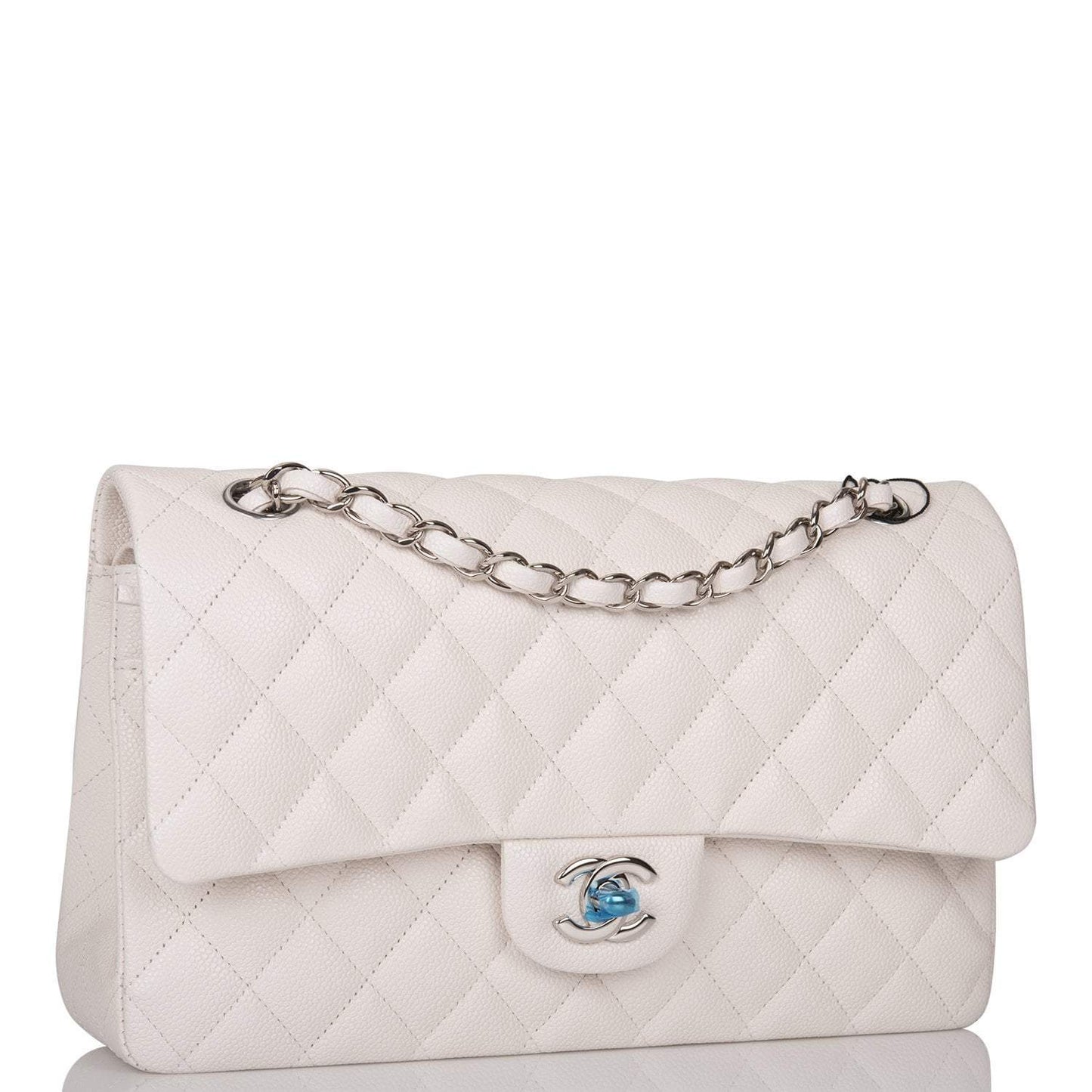 Chanel White Quilted Caviar Medium Classic Double Flap Bag Silver Hardware