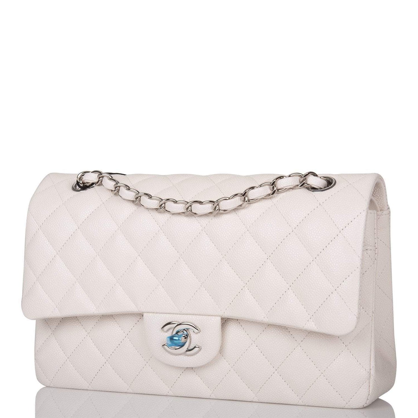 Chanel White Quilted Caviar Medium Classic Double Flap Bag Silver Hardware