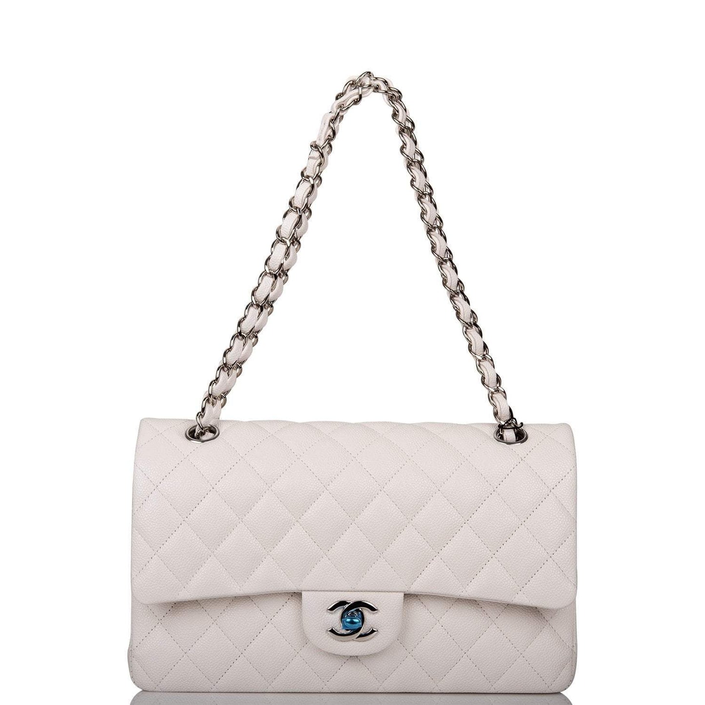 Chanel White Quilted Caviar Medium Classic Double Flap Bag Silver Hardware