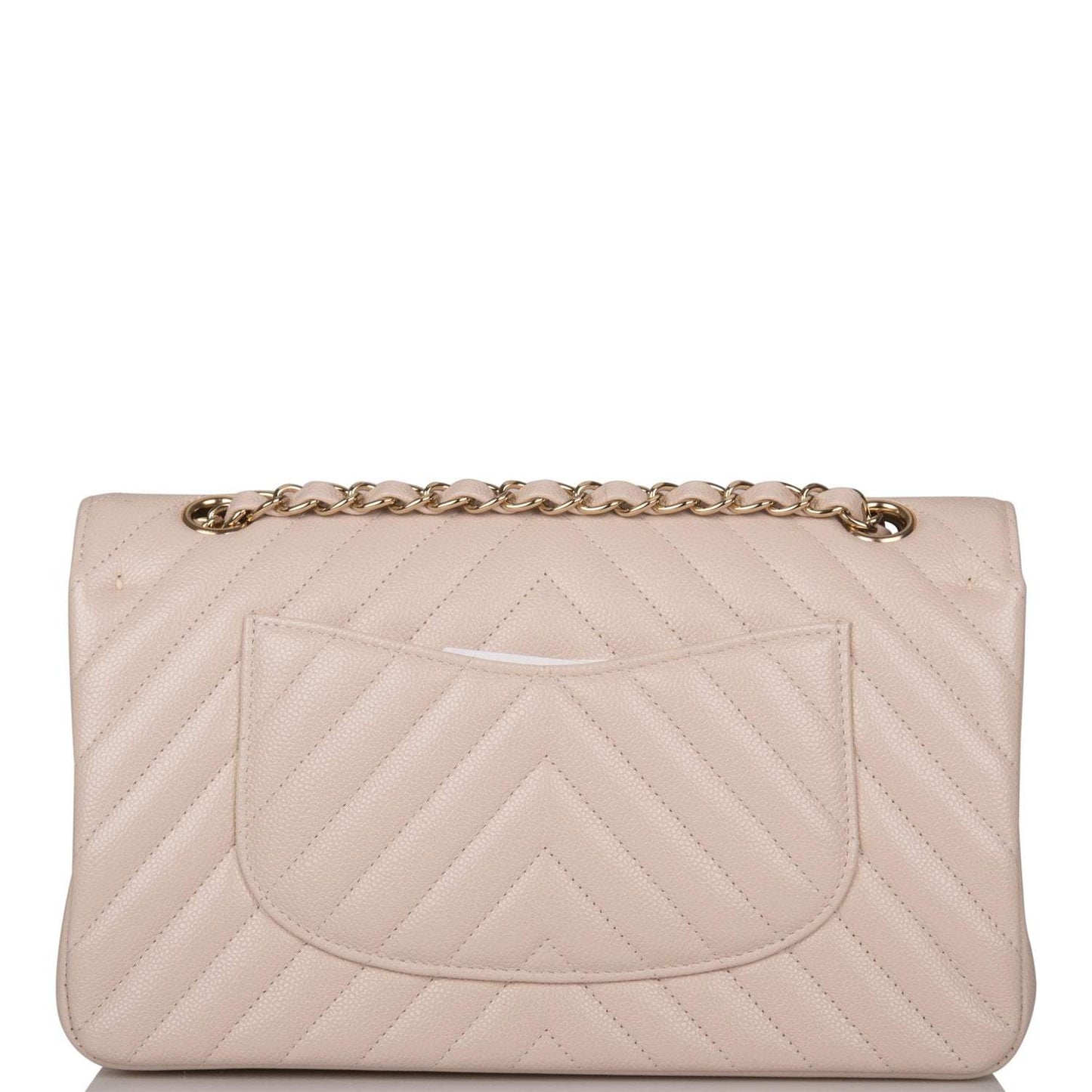 Chanel Shiny Beige Chevron Caviar Medium Classic Double Flap Bag Light Gold Hardware