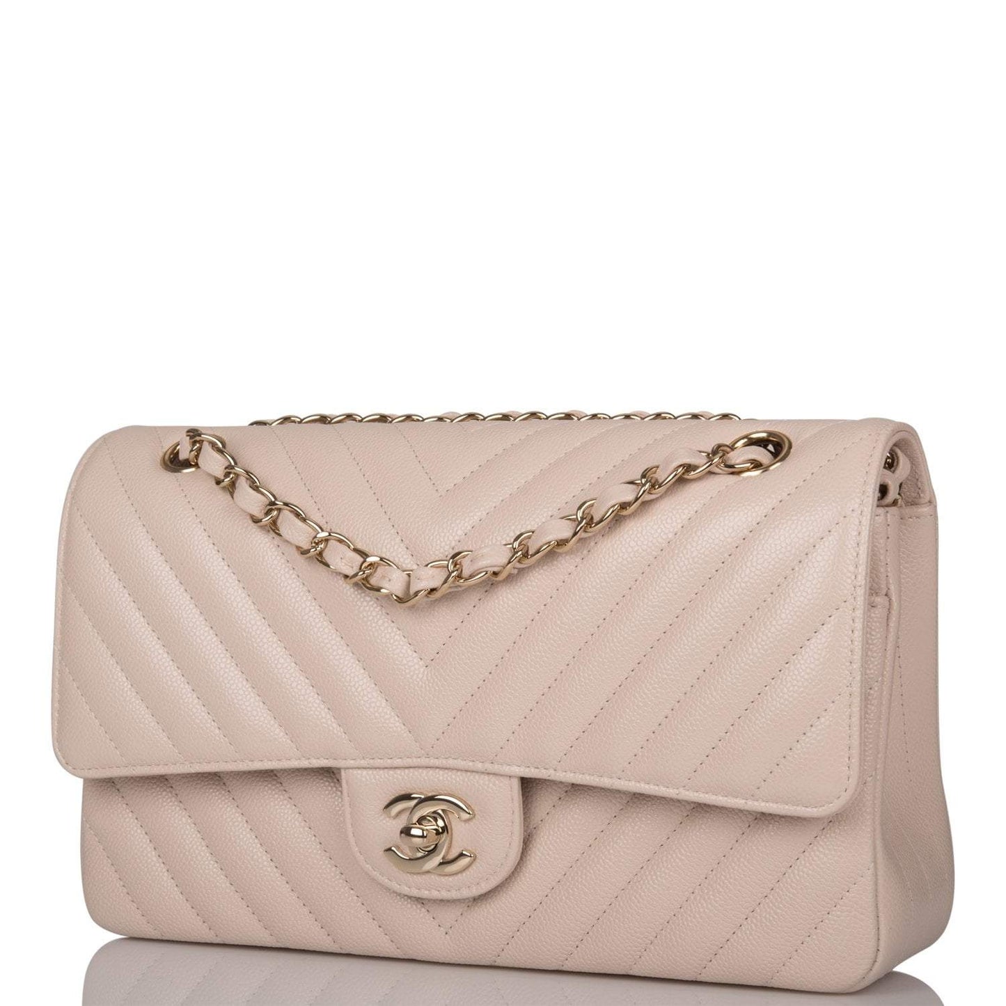 Chanel Shiny Beige Chevron Caviar Medium Classic Double Flap Bag Light Gold Hardware