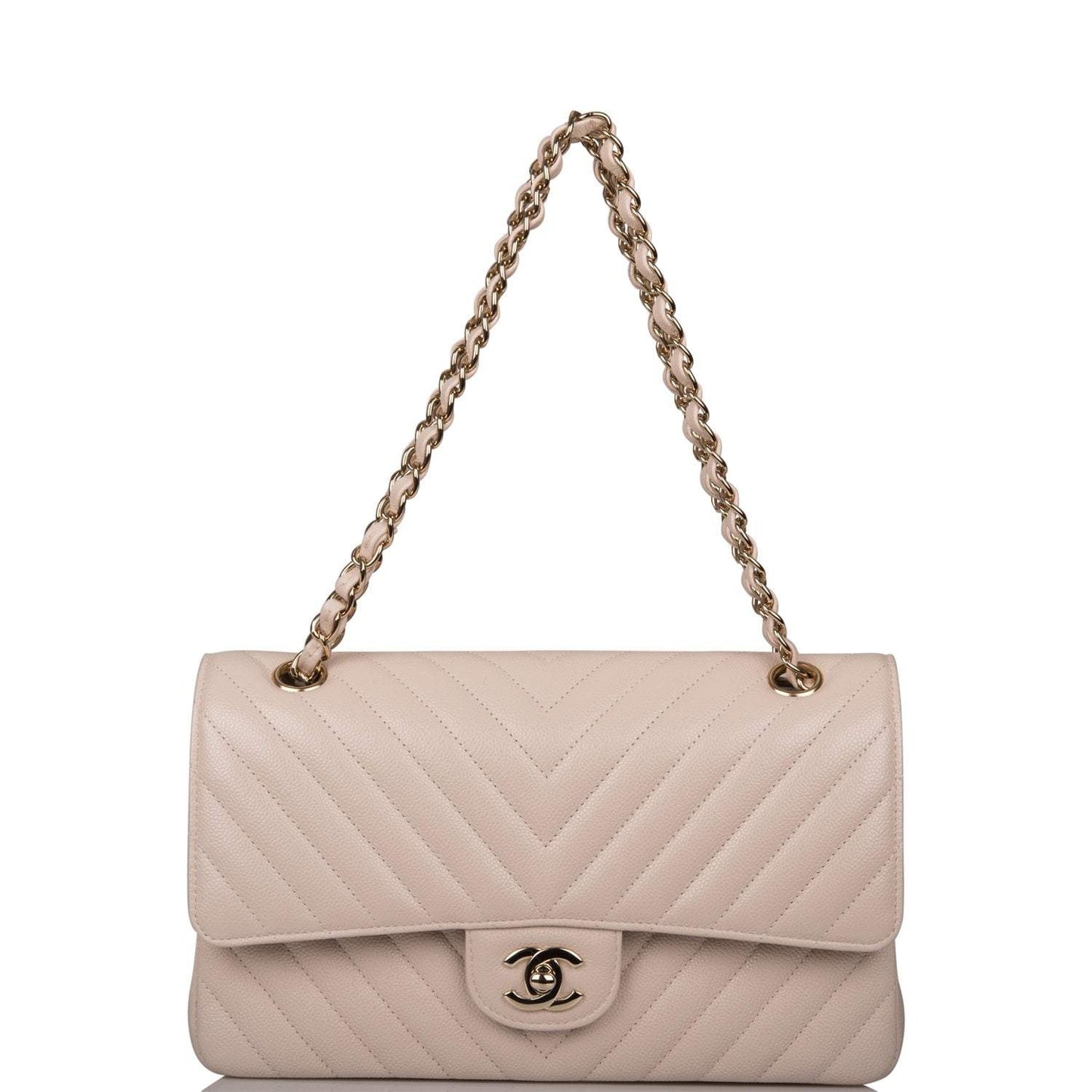 Chanel Shiny Beige Chevron Caviar Medium Classic Double Flap Bag Light Gold Hardware