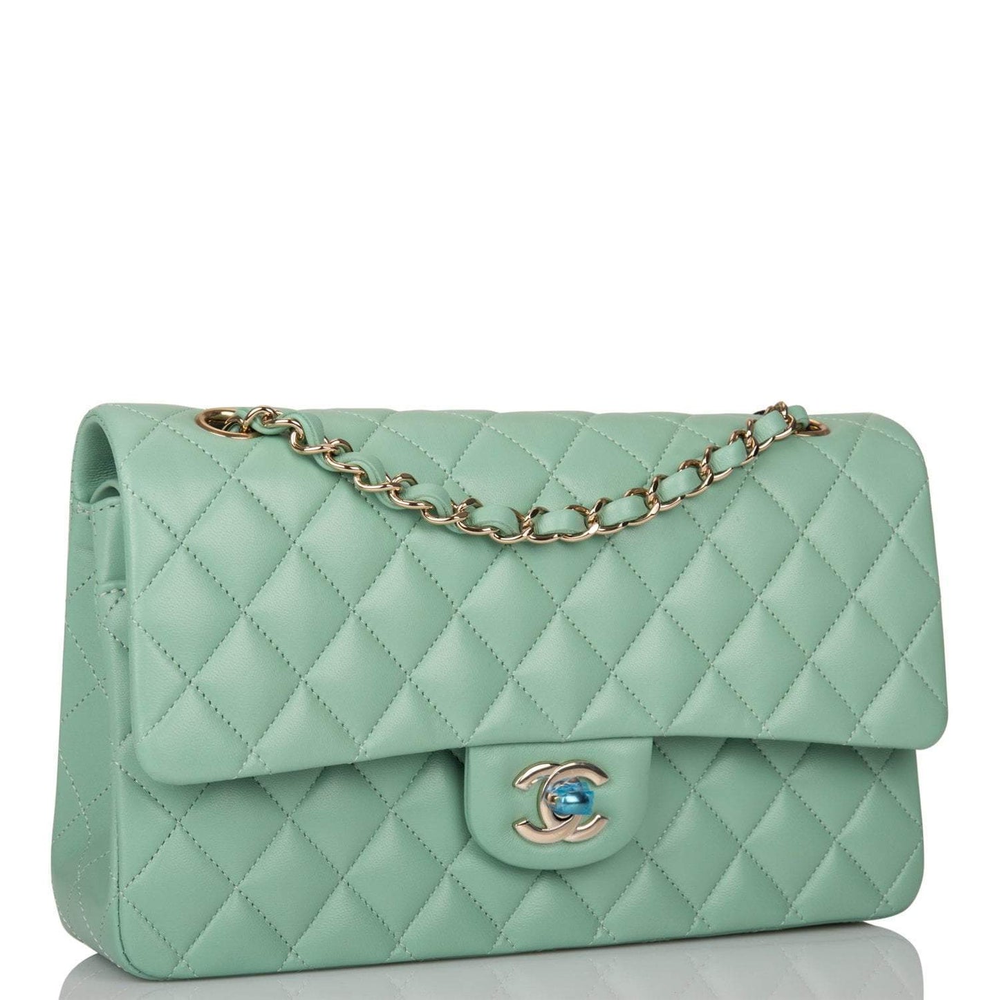 Chanel Light Green Quilted Lambskin Medium Classic Double Flap Bag Light Gold Hardware