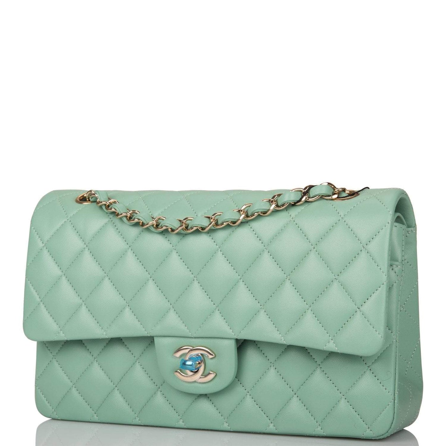 Chanel Light Green Quilted Lambskin Medium Classic Double Flap Bag Light Gold Hardware