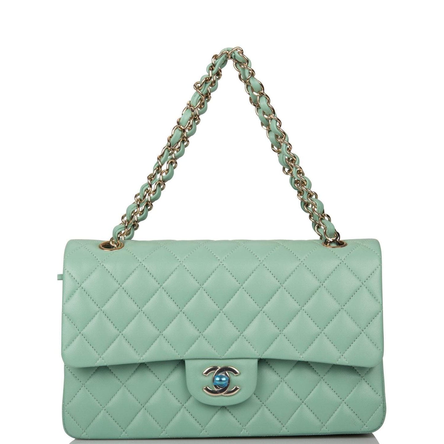 Chanel Light Green Quilted Lambskin Medium Classic Double Flap Bag Light Gold Hardware