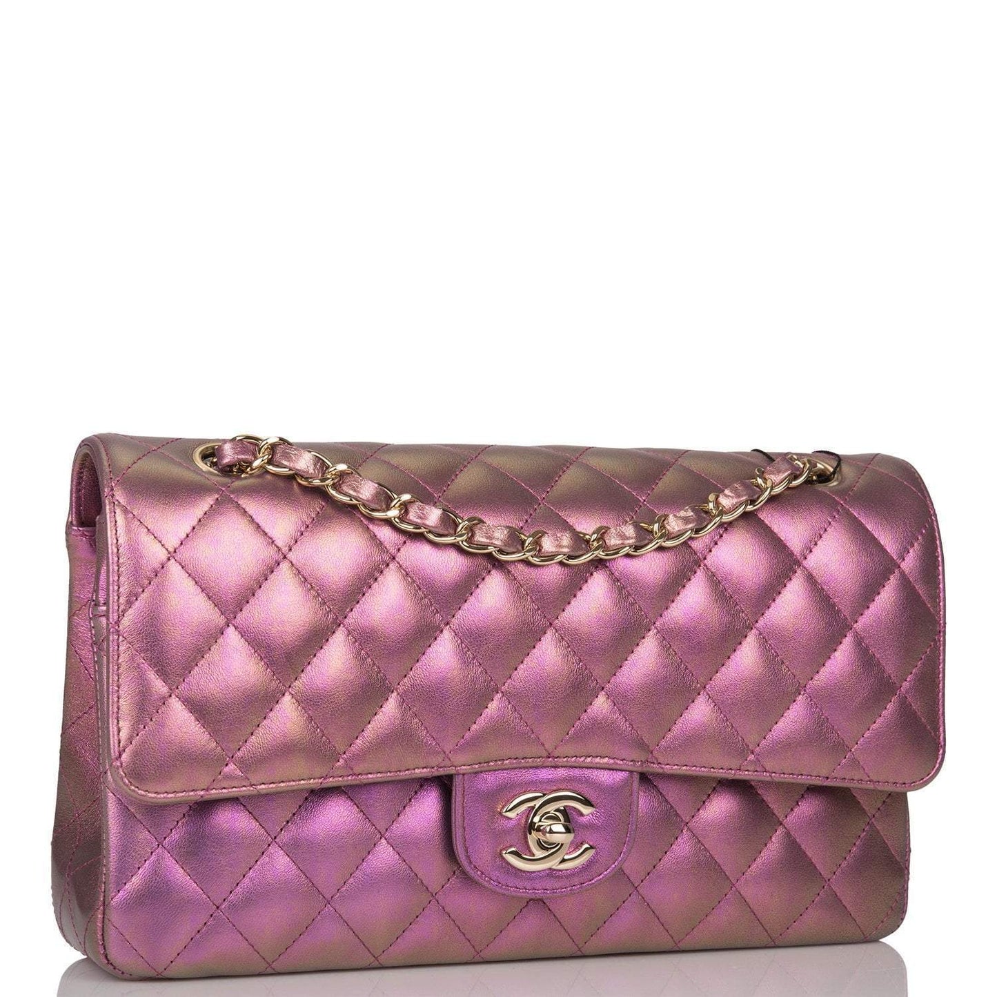 Chanel Purple Iridescent Quilted Lambskin Medium Classic Double Flap Bag Light Gold Hardware