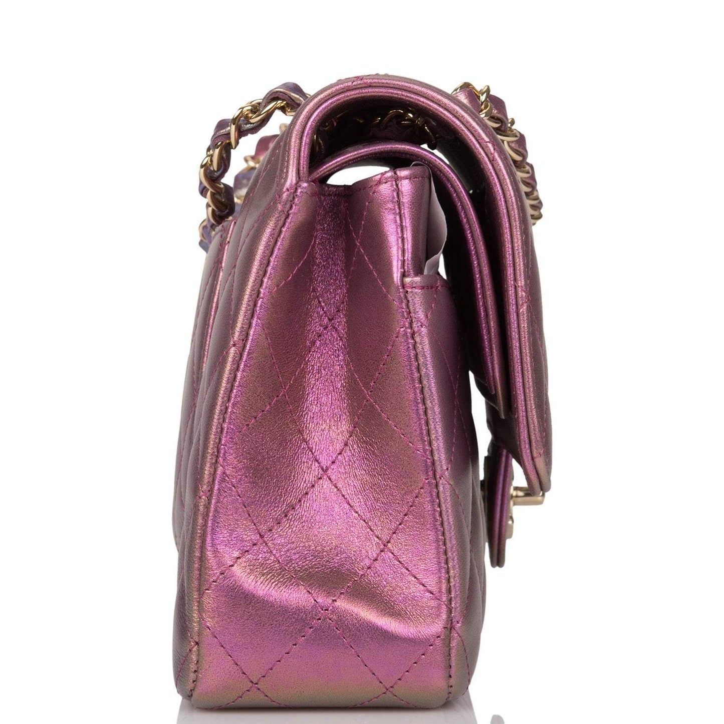 Chanel Purple Iridescent Quilted Lambskin Medium Classic Double Flap Bag Light Gold Hardware