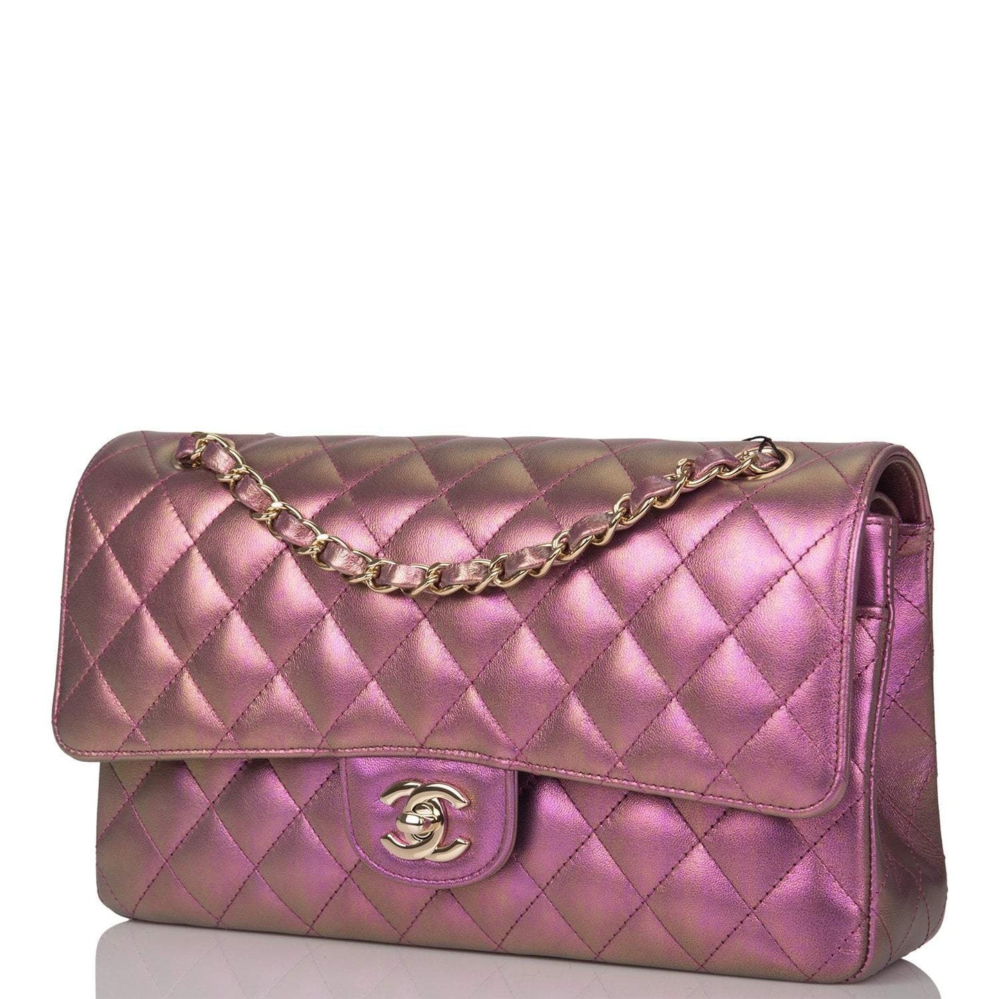 Chanel Medium Classic Double Flap Bag Purple Iridescent Lambskin Light Gold Hardware