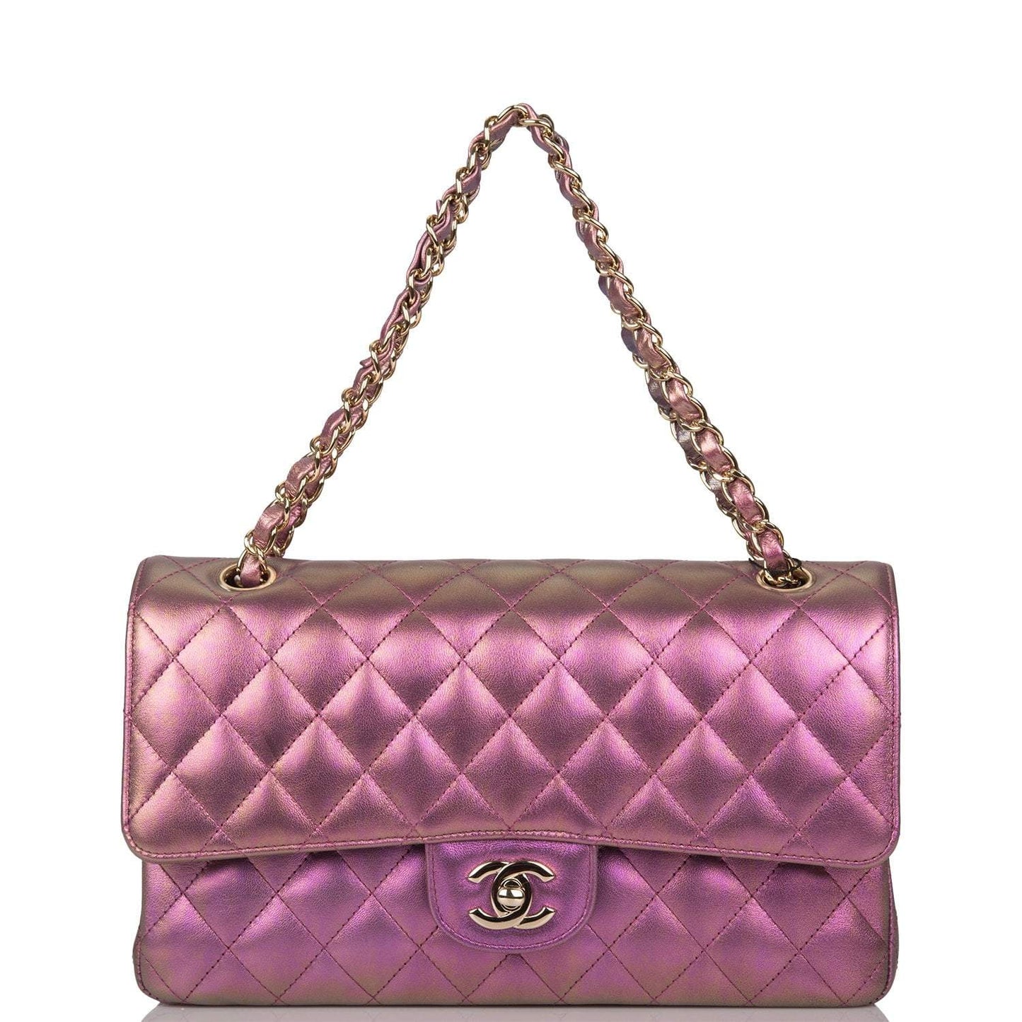 Chanel Medium Classic Double Flap Bag Purple Iridescent Lambskin Light Gold Hardware