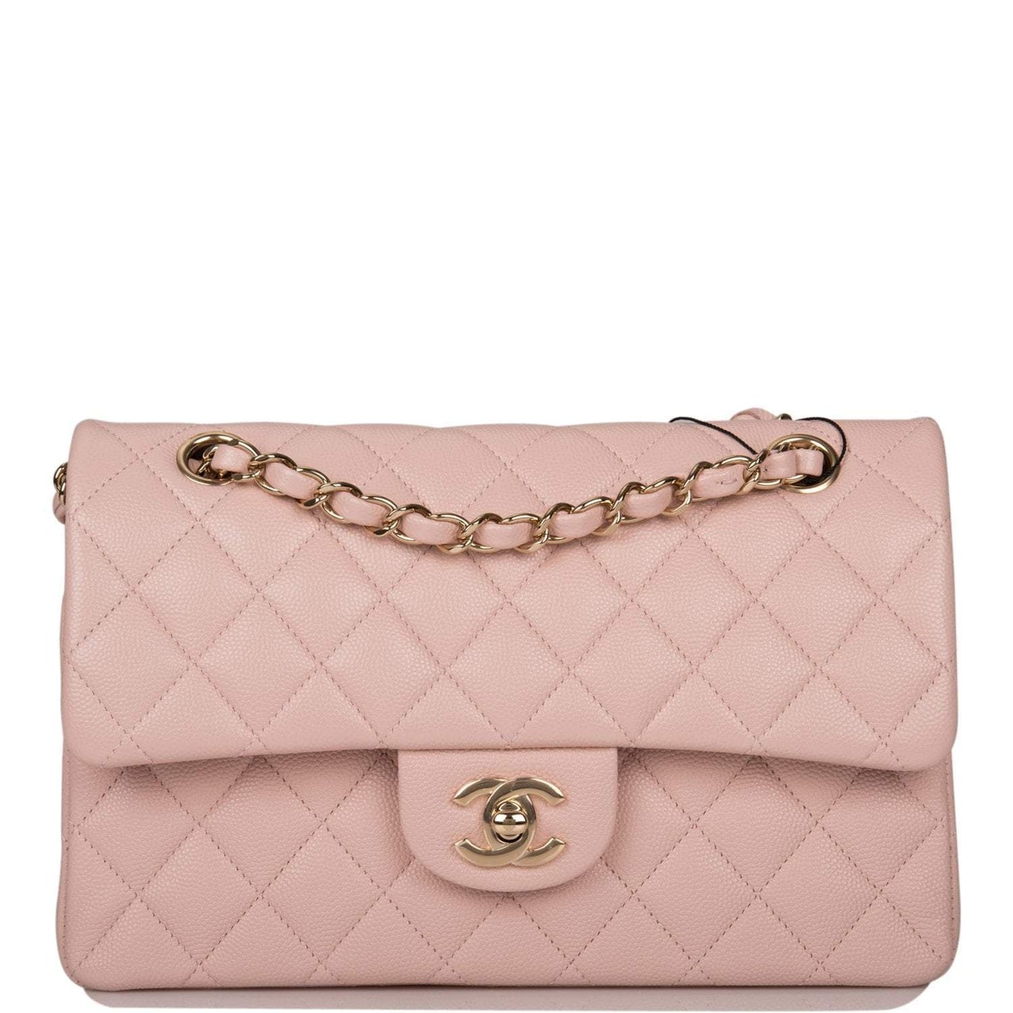 Chanel Rose Clair Quilted Caviar Small Classic Double Flap Bag Light Gold Hardware