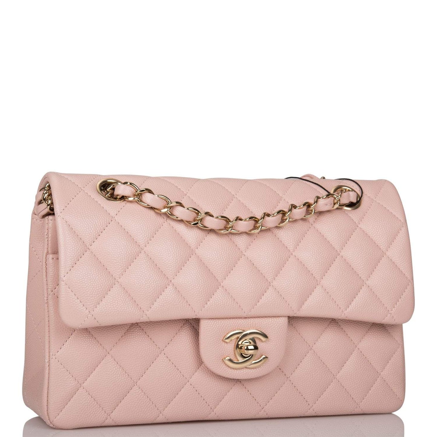 Chanel Rose Clair Quilted Caviar Small Classic Double Flap Bag Light Gold Hardware