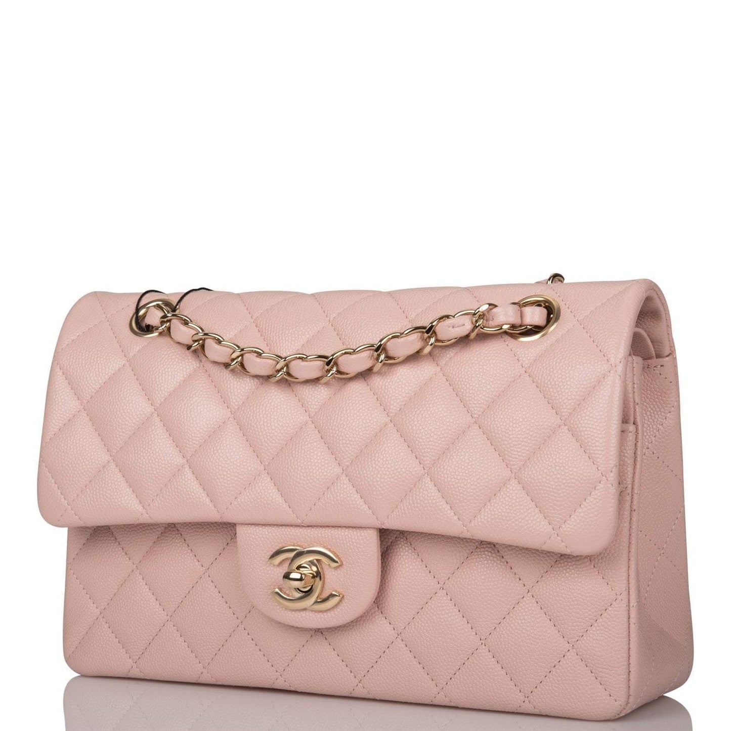 Chanel Rose Clair Quilted Caviar Small Classic Double Flap Bag Light Gold Hardware