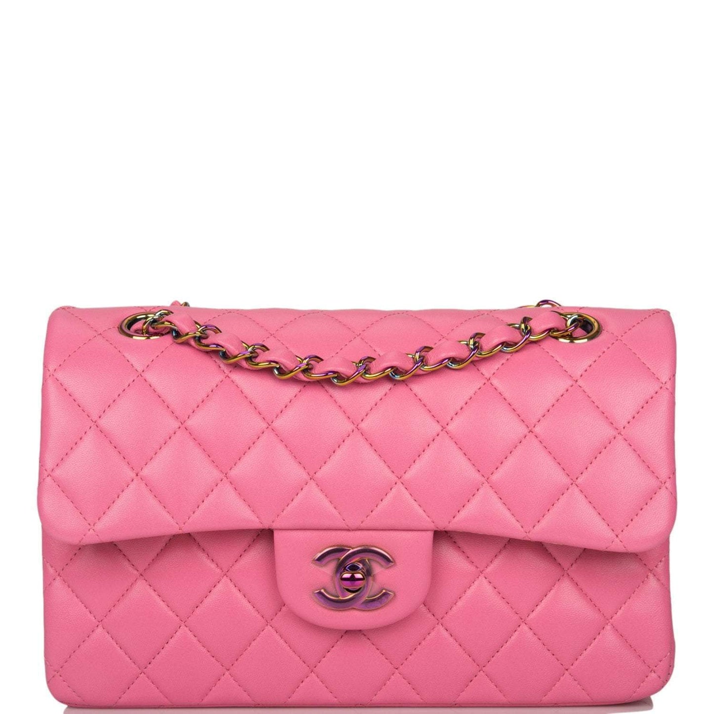 Chanel Pink Quilted Lambskin Small Classic Double Flap Bag Rainbow Hardware