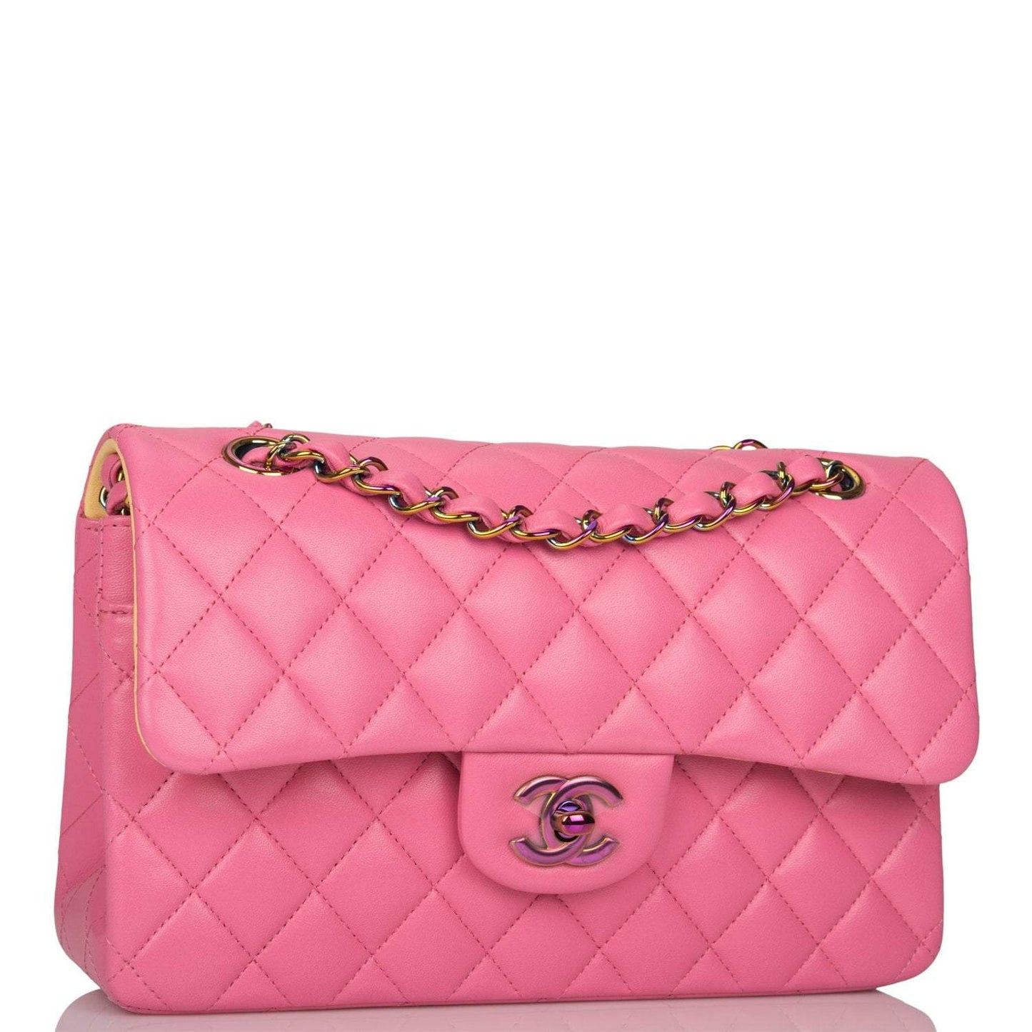 Chanel Pink Quilted Lambskin Small Classic Double Flap Bag Rainbow Hardware