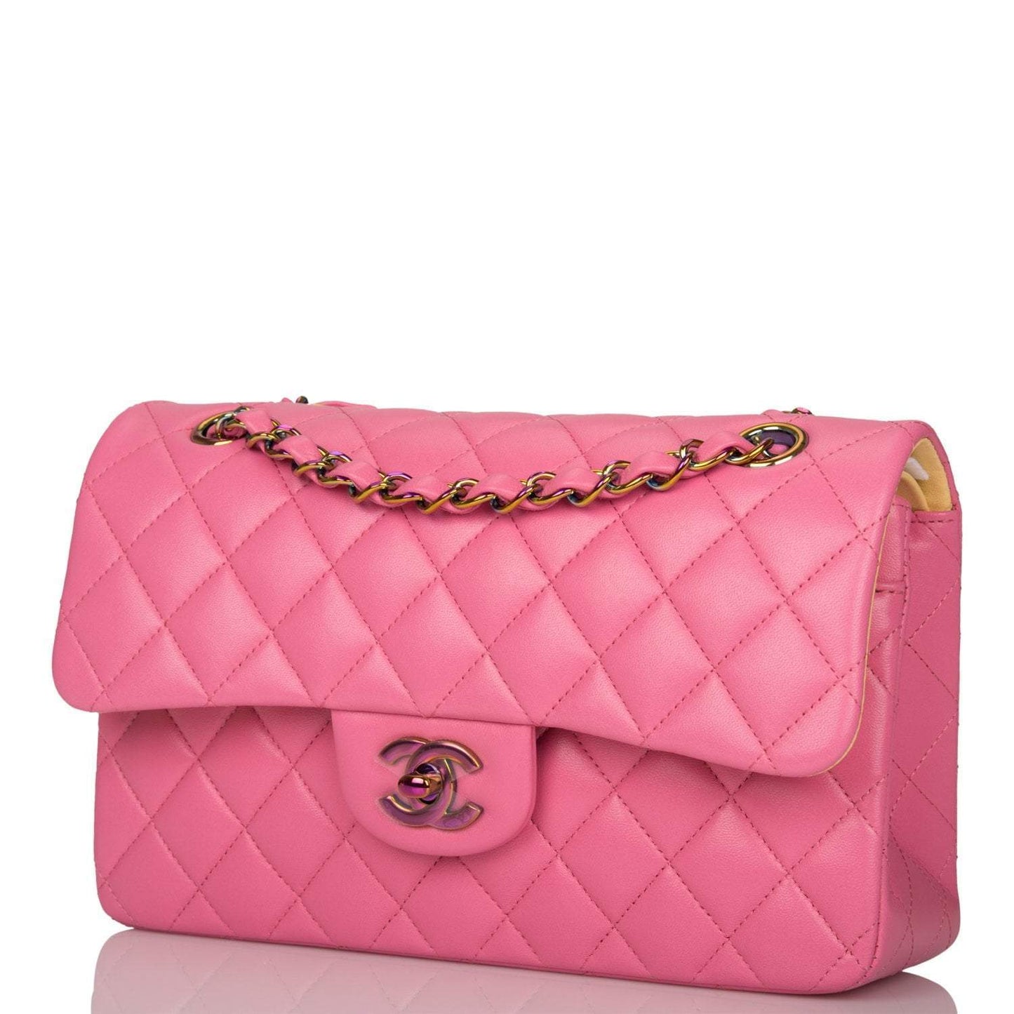 Chanel Pink Quilted Lambskin Small Classic Double Flap Bag Rainbow Hardware