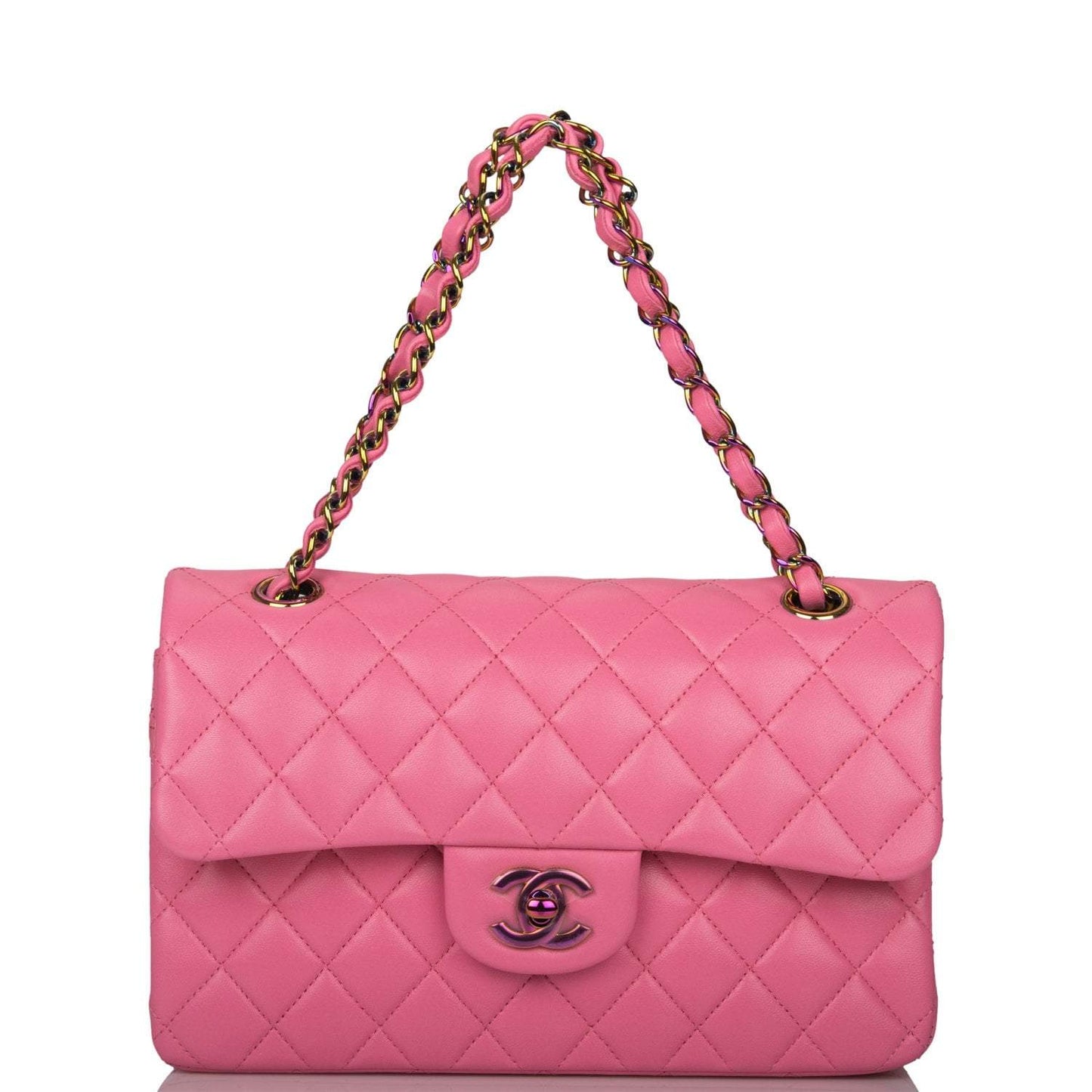 Chanel Pink Quilted Lambskin Small Classic Double Flap Bag Rainbow Hardware