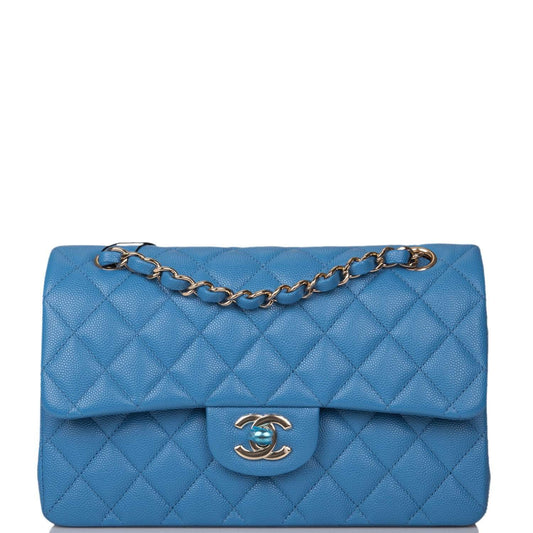 Chanel Blue Quilted Caviar Small Classic Double Flap Bag Light Gold Hardware