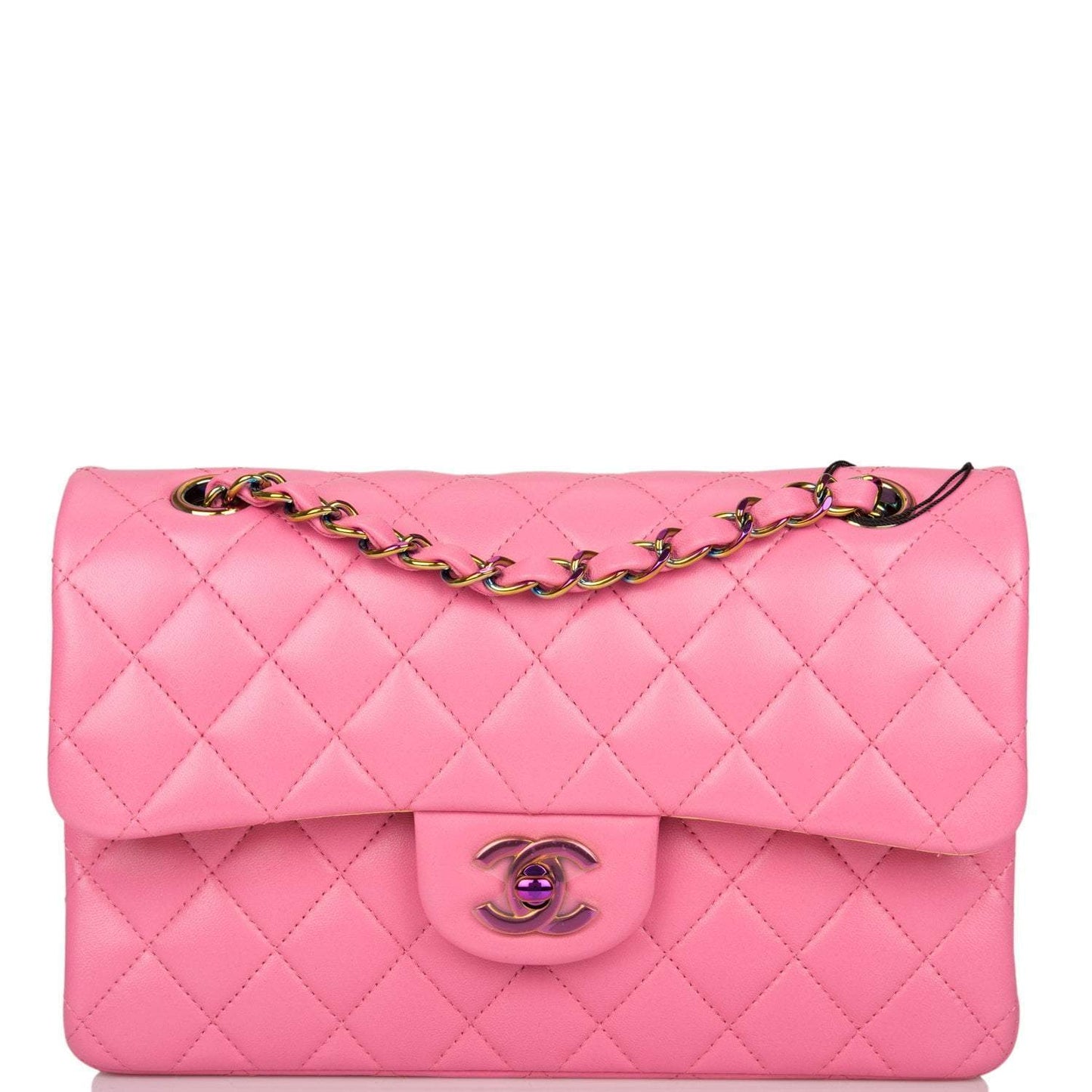 Chanel Pink Quilted Lambskin Small Classic Double Flap Bag Rainbow Hardware