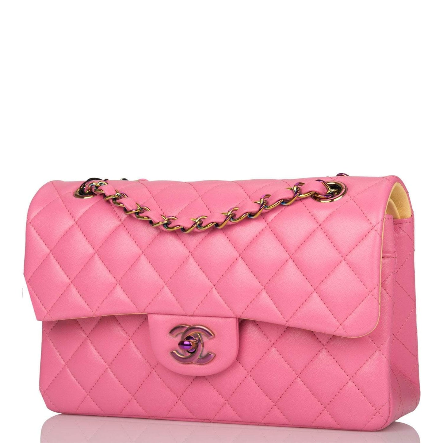 Chanel Pink Quilted Lambskin Small Classic Double Flap Bag Rainbow Hardware