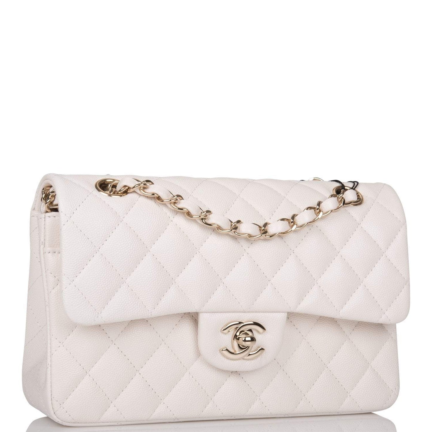 Chanel White Quilted Caviar Small Classic Double Flap Bag Light Gold Hardware