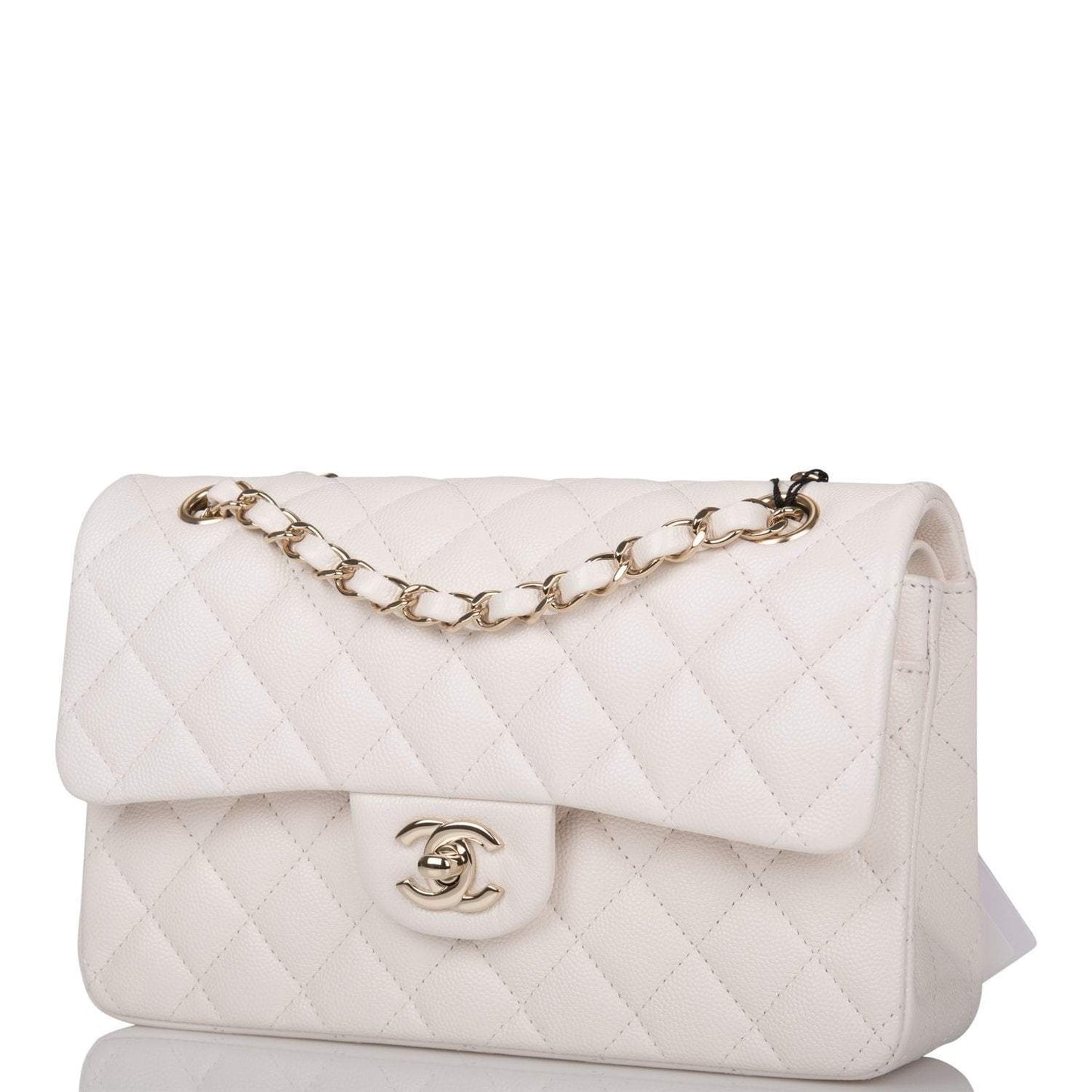 Chanel White Quilted Caviar Small Classic Double Flap Bag Light Gold Hardware