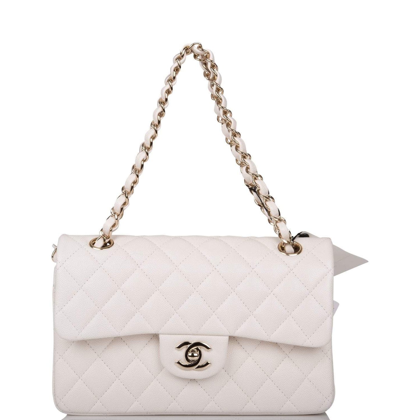 Chanel White Quilted Caviar Small Classic Double Flap Bag Light Gold Hardware