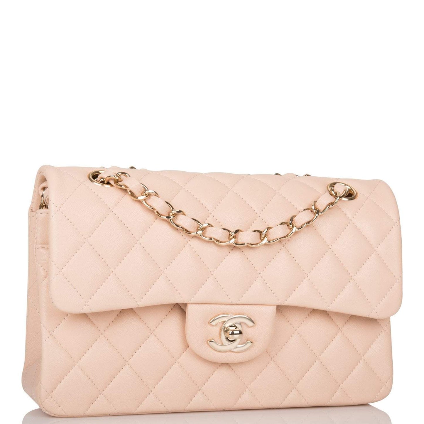 Chanel Beige Quilted Lambskin Small Classic Double Flap Bag Light Gold Hardware