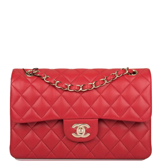 Chanel Red Quilted Lambskin Small Classic Double Flap Bag Light Gold Hardware