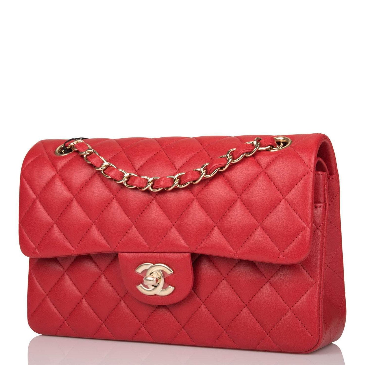 Chanel Red Quilted Lambskin Small Classic Double Flap Bag Light Gold Hardware