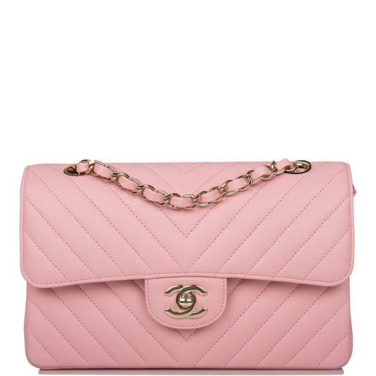 Chanel Pink Chevron Caviar Small Classic Double Flap Bag Light Gold Hardware