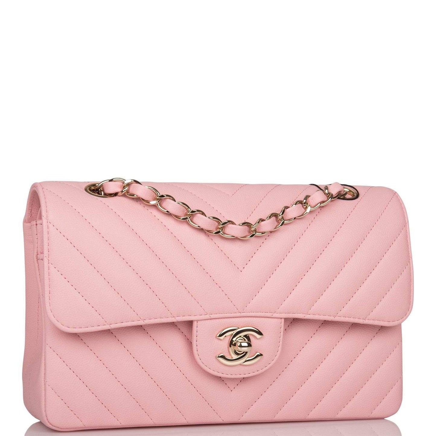 Chanel Pink Chevron Caviar Small Classic Double Flap Bag Light Gold Hardware