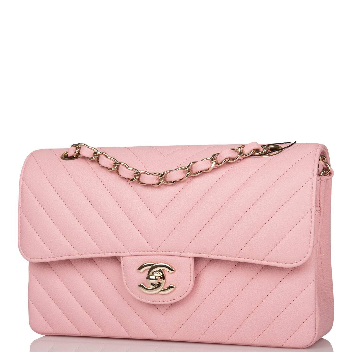 Chanel Pink Chevron Caviar Small Classic Double Flap Bag Light Gold Hardware