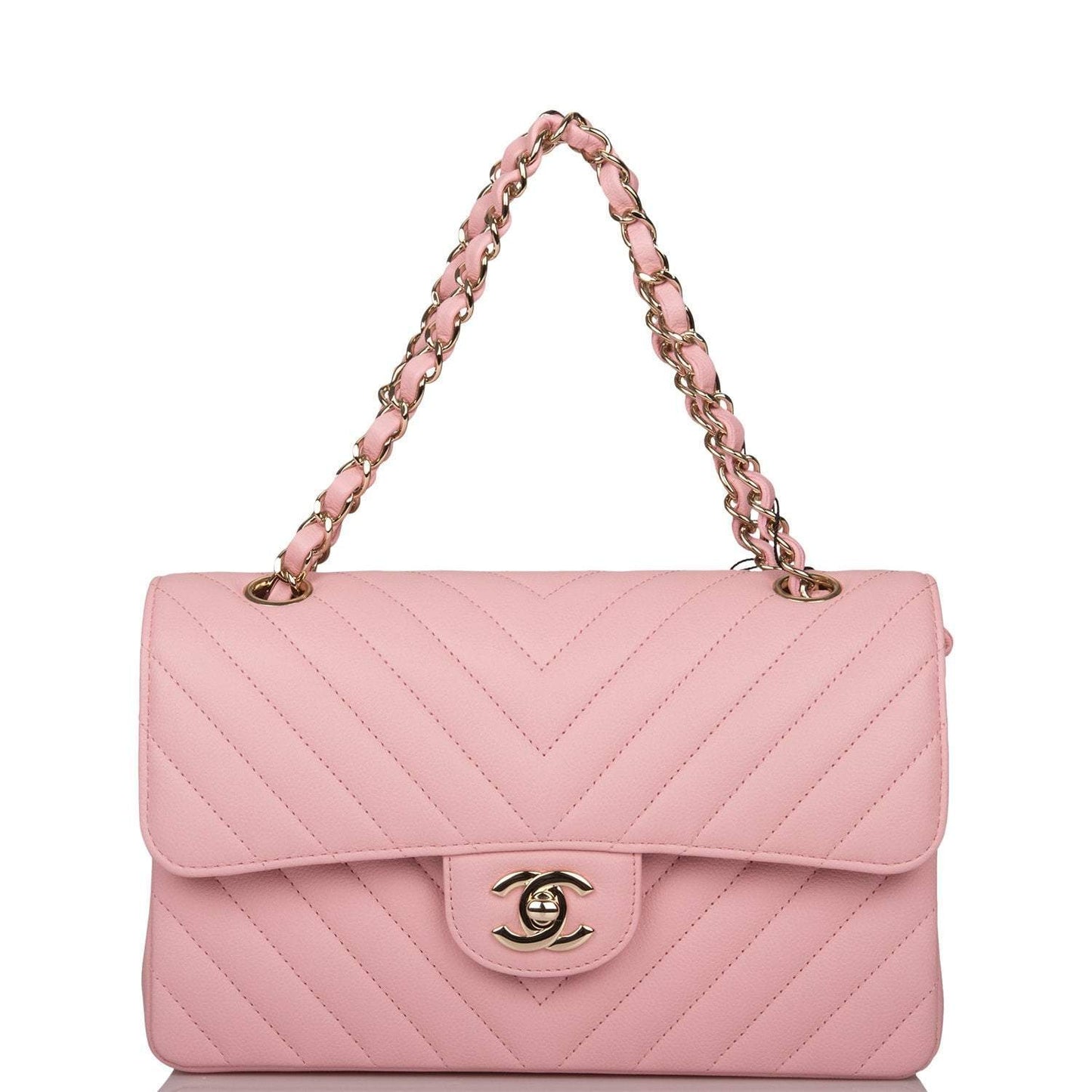 Chanel Pink Chevron Caviar Small Classic Double Flap Bag Light Gold Hardware