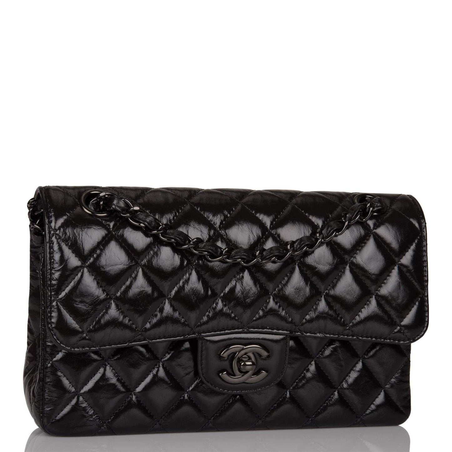 Chanel Small Classic Double Flap Shiny SO Black Crumpled Calfskin Black Hardware