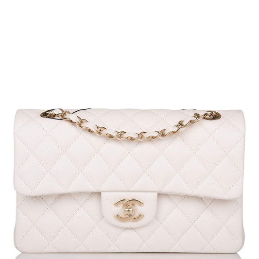 Chanel Small Classic Double Flap White Caviar Light Gold Hardware