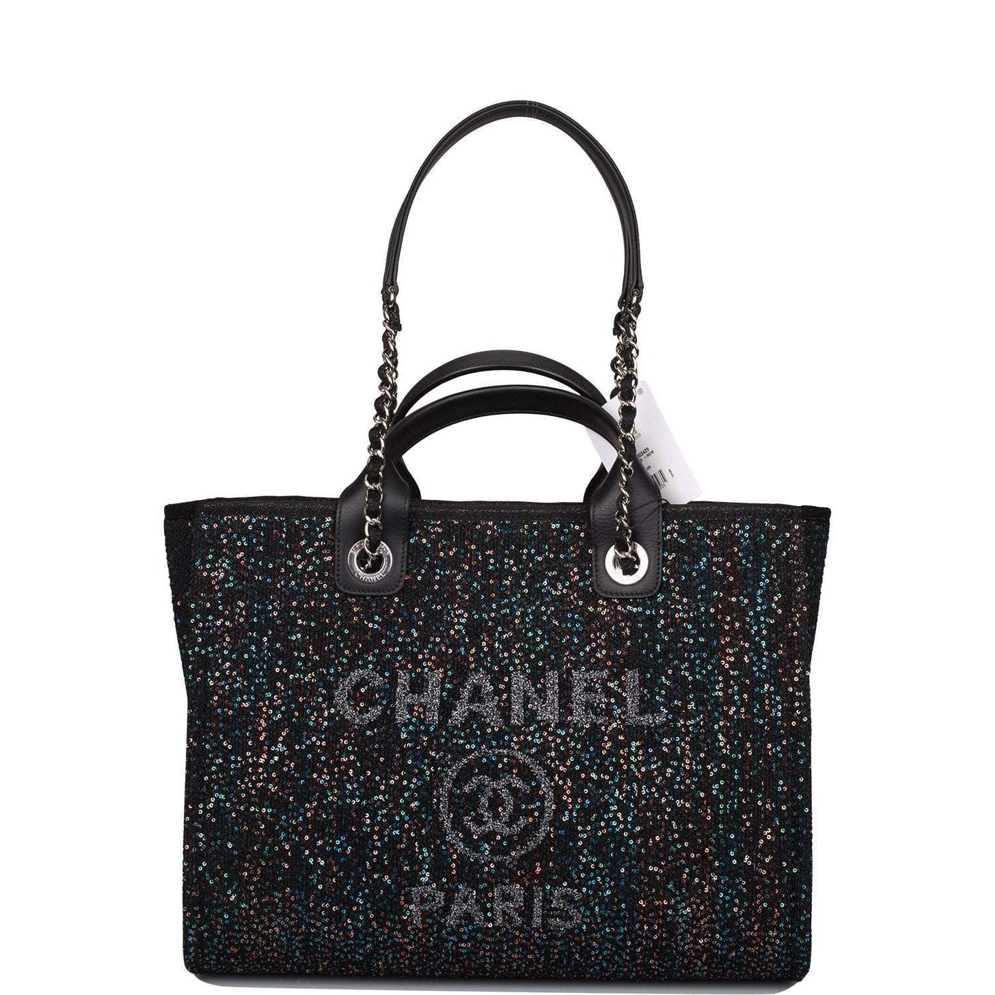 Chanel Black Canvas and Sequins Small Deauville Shopping Bag Silver Hardware