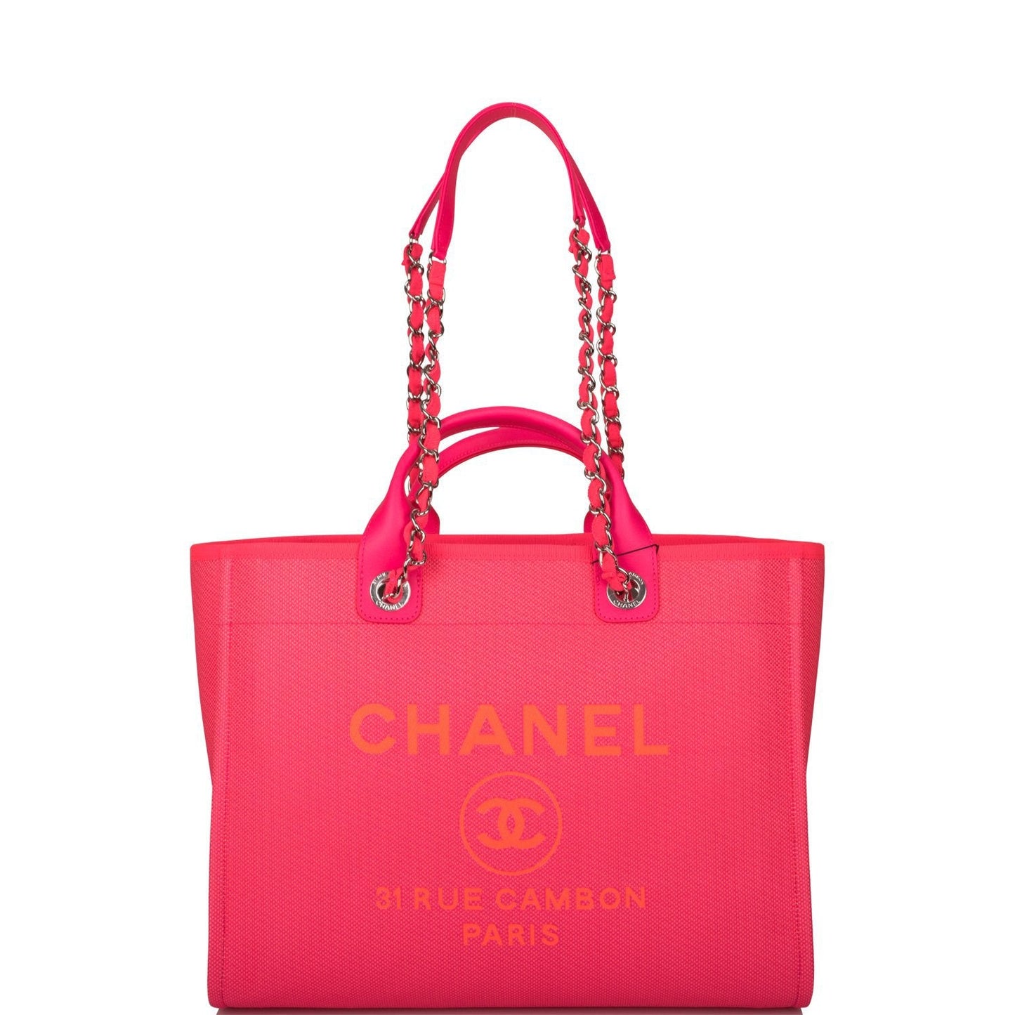 Chanel Neon Pink and Orange Mixed Fibers Large Deauville Shopping Bag Silver Hardware