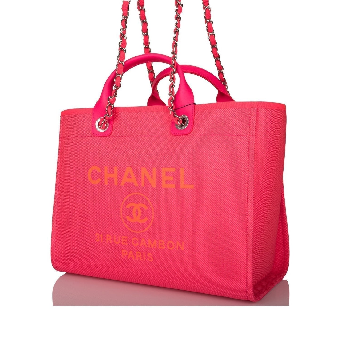 Chanel Neon Pink and Orange Mixed Fibers Large Deauville Shopping Bag Silver Hardware