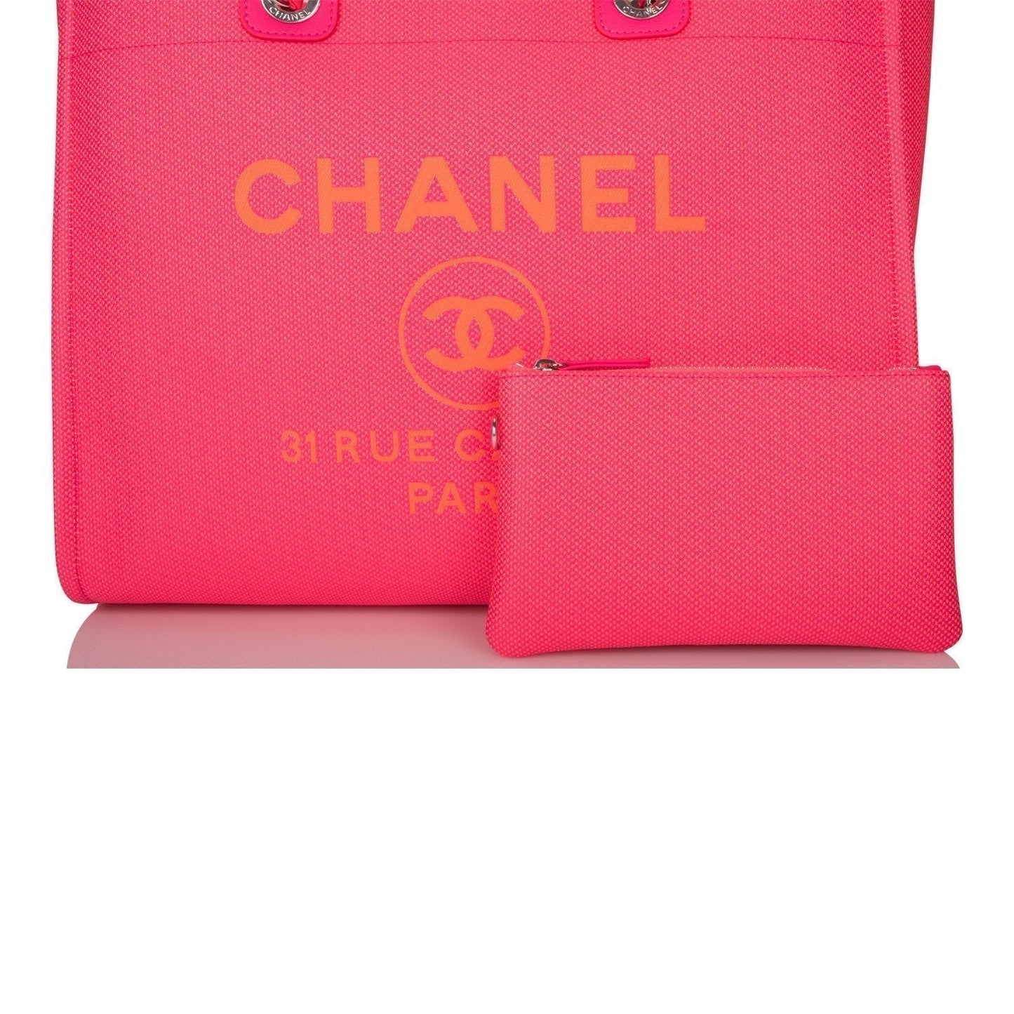 Chanel Neon Pink and Orange Mixed Fibers Large Deauville Shopping Bag Silver Hardware