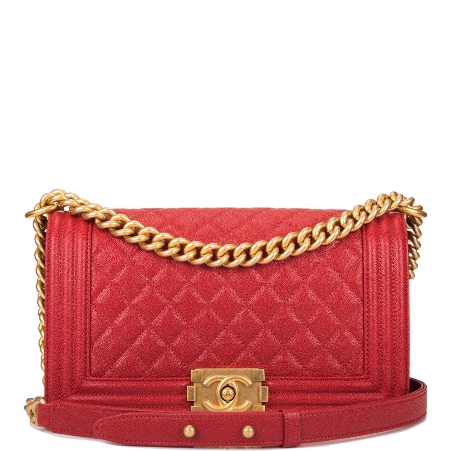 Chanel Red Quilted Caviar Medium Boy Bag Antique Gold Hardware