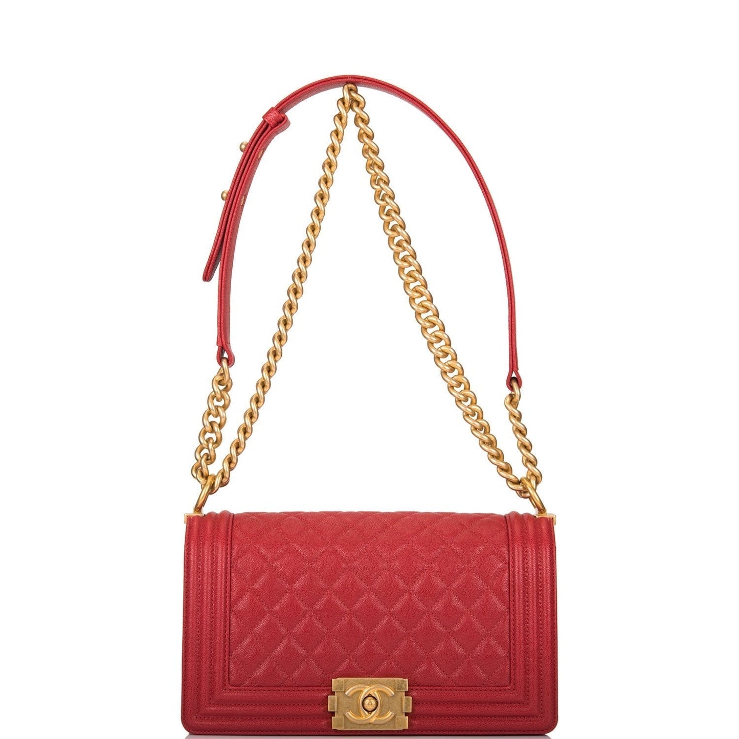 Chanel Red Quilted Caviar Medium Boy Bag Antique Gold Hardware