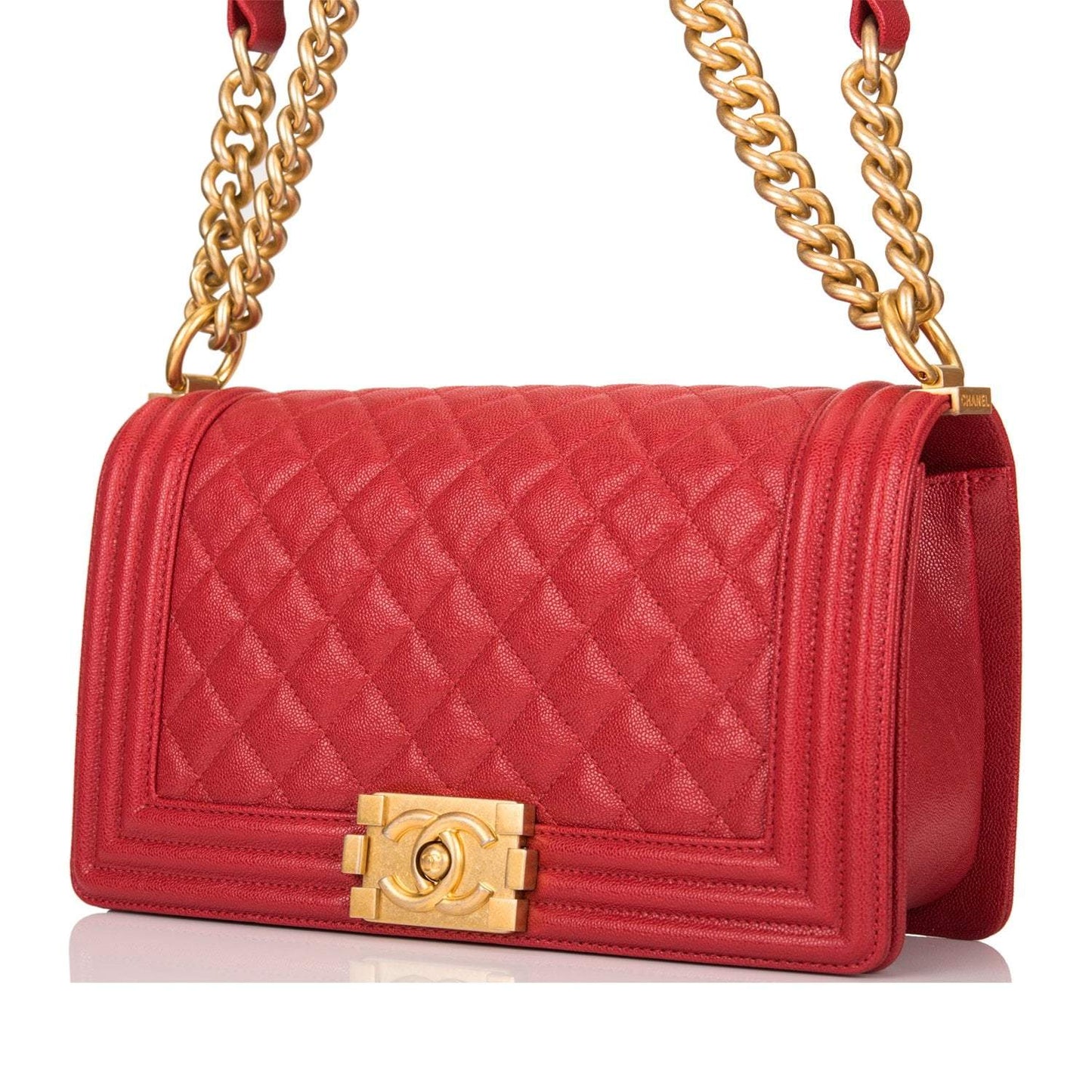 Chanel Red Quilted Caviar Medium Boy Bag Antique Gold Hardware