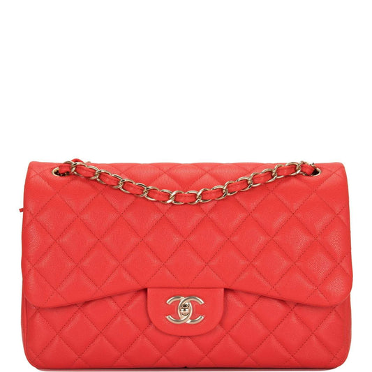 Chanel Red Shiny Quilted Caviar Jumbo Classic Double Flap Bag Gold Hardware