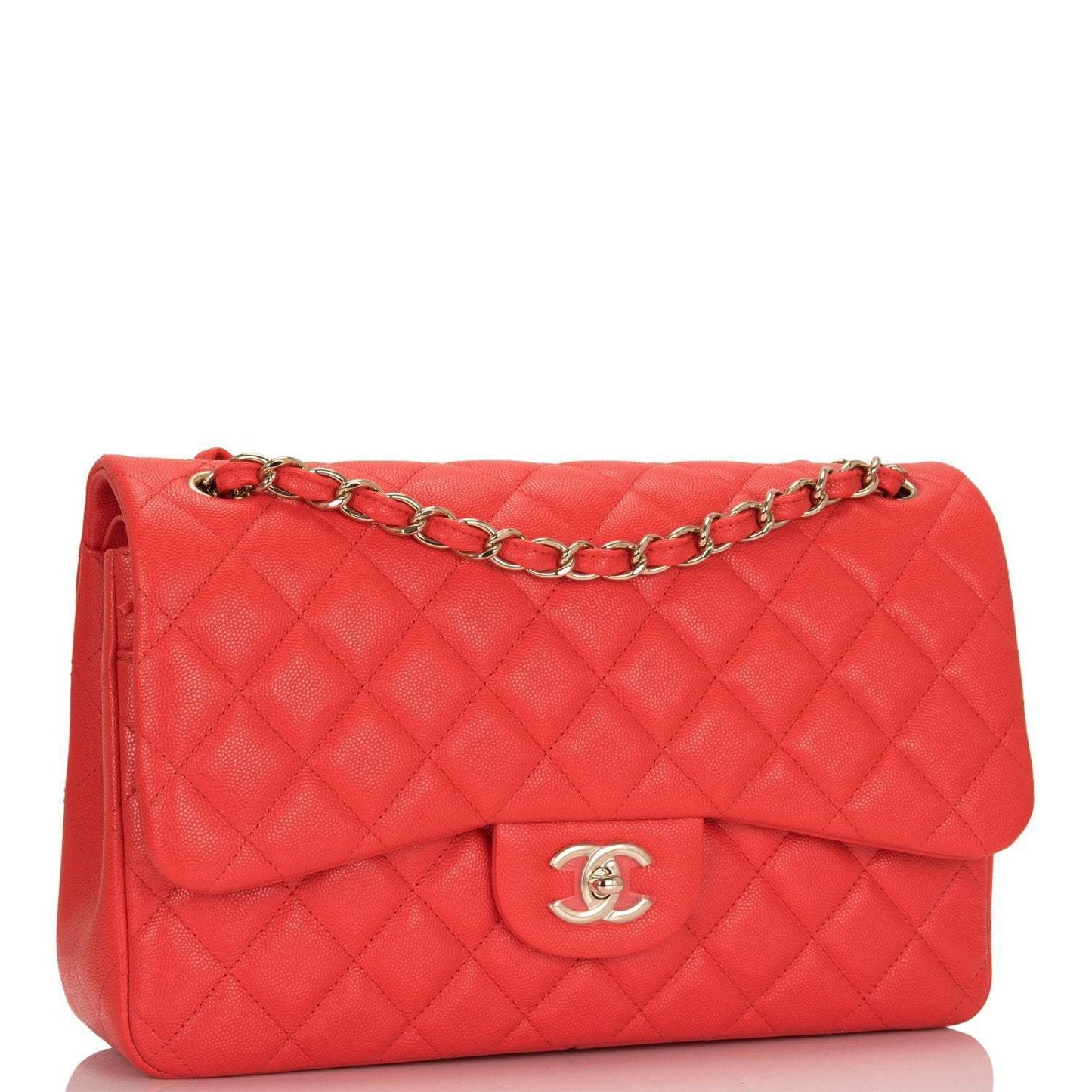 Chanel Red Shiny Quilted Caviar Jumbo Classic Double Flap Bag Gold Hardware