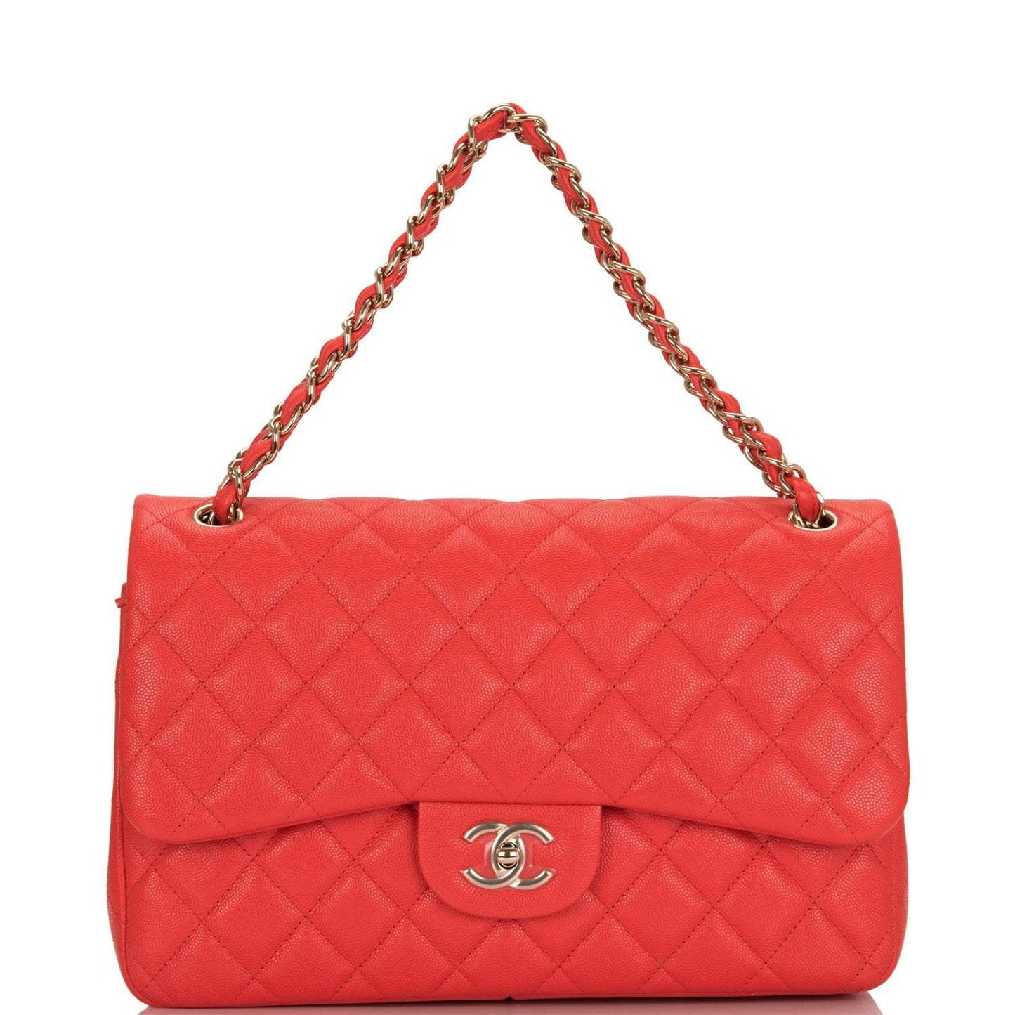 Chanel Red Shiny Quilted Caviar Jumbo Classic Double Flap Bag Gold Hardware