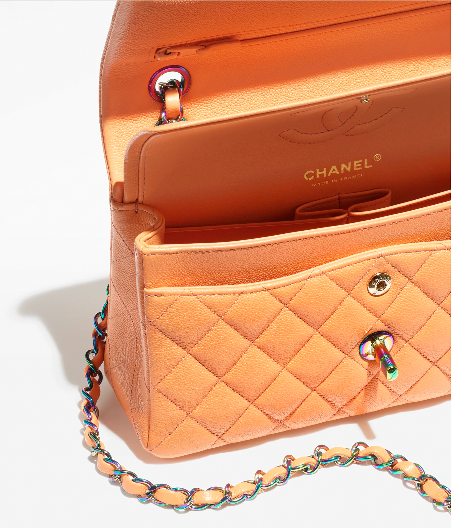 Chanel Rainbow Metal Orange Caviar Small Classic Flap Bag