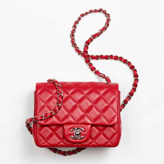 Chanel Red Lambskin & Silver-Tone Metal Lambskin Mini Flap Bag