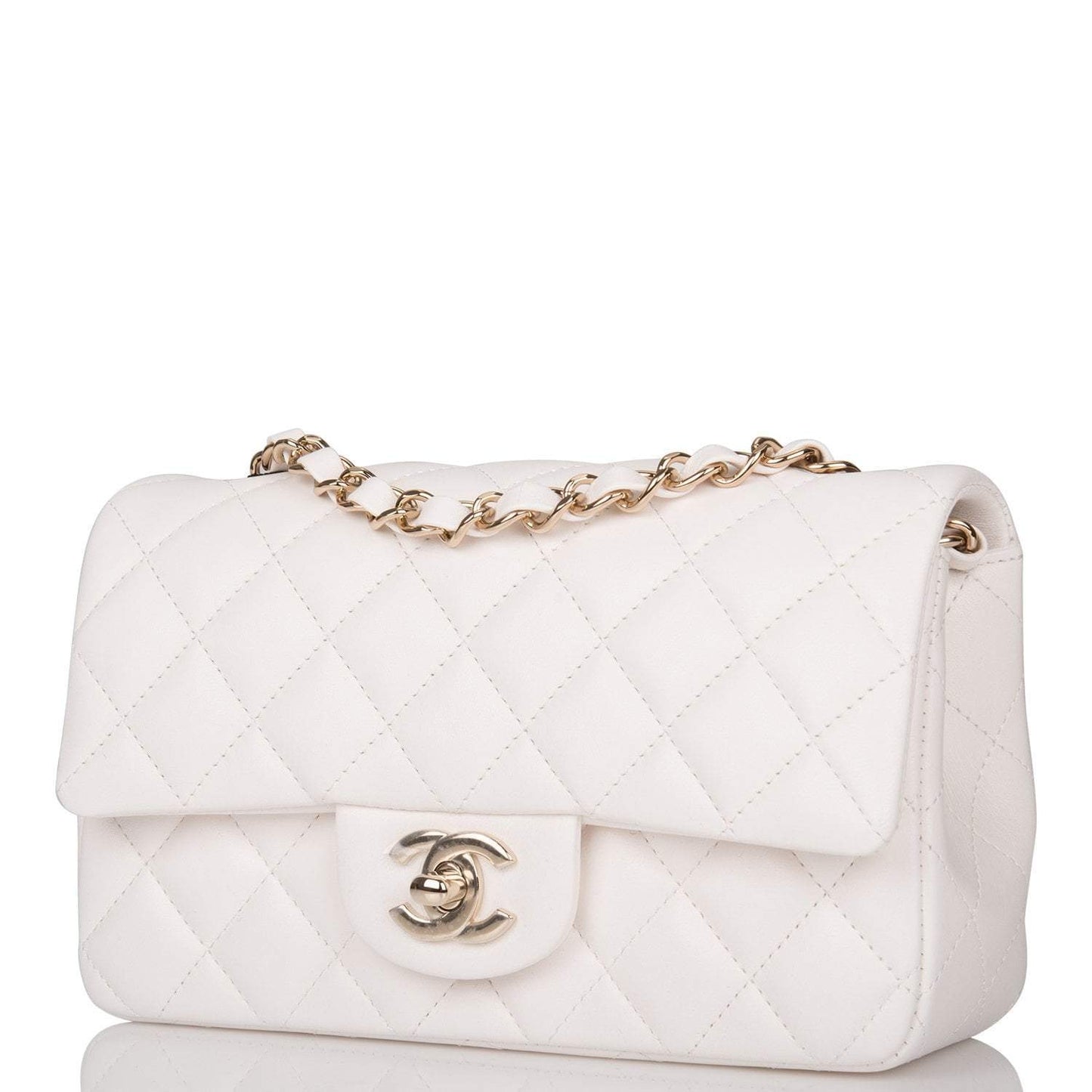 Chanel White Quilted Lambskin Rectangular Mini Classic Flap Bag Light Gold Hardware