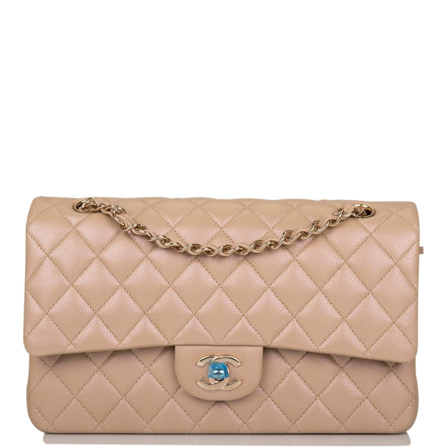 Chanel Dark Beige Iridescent Quilted Caviar Medium Classic Double Flap Bag Light Gold Hardware